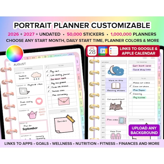 Digital Planner 2026 2027 Undated Planner Digital Journal ADHD Planner Goodnotes Planner iPad Planner Daily Planner Weekly Planner PORTRAIT
