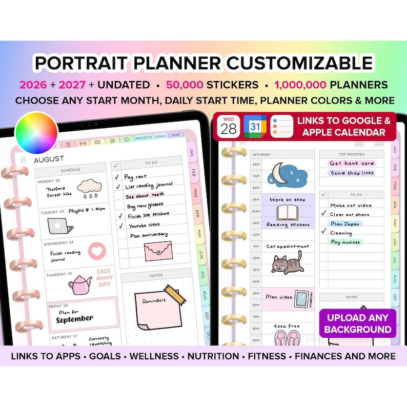 Pu&ograve; includere: Un planner ritratto personalizzabile con il testo "PORTRAIT PLANNER CUSTOMIZABLE" e funzionalit&agrave; come 50.000 adesivi e 1.000.000 di planner. Il planner include collegamenti a Google e Apple Calendar, con opzioni di personalizzazione.