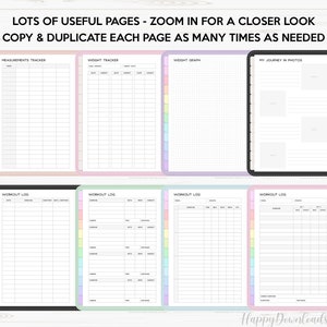 Puede incluir: P&aacute;ginas imprimibles para un diario de fitness con secciones para medidas, seguimiento de peso, un gr&aacute;fico de peso, registros de entrenamiento y un diario de fotos. Las p&aacute;ginas est&aacute;n dise&ntilde;adas con un esquema de colores arco&iacute;ris y un borde punteado.