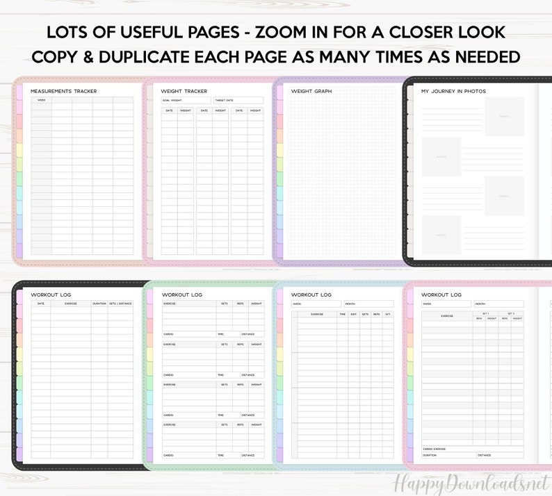 Puede incluir: P&aacute;ginas imprimibles para un diario de fitness con secciones para medidas, seguimiento de peso, un gr&aacute;fico de peso, registros de entrenamiento y un diario de fotos. Las p&aacute;ginas est&aacute;n dise&ntilde;adas con un esquema de colores arco&iacute;ris y un borde punteado.