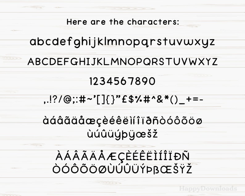 May include: A font chart showing the lowercase and uppercase alphabet, numbers 0-9, punctuation marks, and accented characters. The font is a simple, sans-serif style.