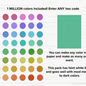 May include: A digital download of printable lined paper with a choice of 1 million colors. The image shows a color palette with 60 different colors and a sample of the lined paper with faint white lines.