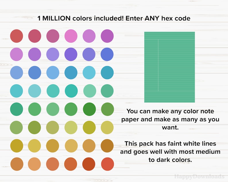 May include: A digital download of printable lined paper with a choice of 1 million colors. The image shows a color palette with 60 different colors and a sample of the lined paper with faint white lines.