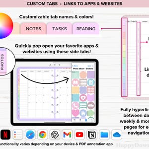May include: Digital planner on a tablet with customizable tabs and links to apps and websites. The planner features a monthly calendar view, with options to link to daily and weekly pages. The text reads "NOTES", "TASKS", and "READING".