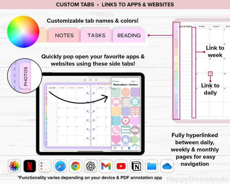 May include: Digital planner on a tablet with customizable tabs and links to apps and websites. The planner features a monthly calendar view, with options to link to daily and weekly pages. The text reads "NOTES", "TASKS", and "READING".