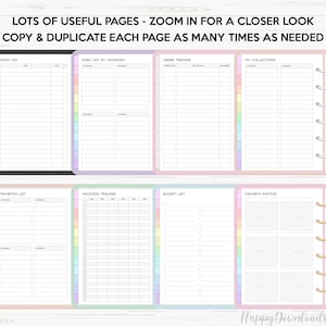 May include: A printable set of planner pages with colorful borders. The pages include wish lists, a wish list by category, an order tracker, a favorites list, a vacation tracker, a bucket list, a collection list, and a favorite photos page.
