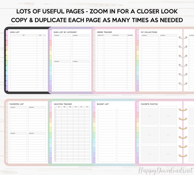 May include: A printable set of planner pages with colorful borders. The pages include wish lists, a wish list by category, an order tracker, a favorites list, a vacation tracker, a bucket list, a collection list, and a favorite photos page.