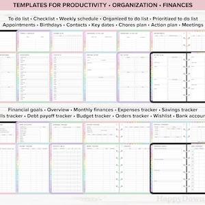 May include: A set of printable planner pages with rainbow colored borders. The pages are designed for productivity, organization, and finances. The pages include sections for to-do lists, checklists, weekly schedules, appointments, birthdays, contacts, key dates, chores plans, action plans, meetings, financial goals, overview, monthly finances, expenses tracker, savings tracker, bills tracker, debt payoff tracker, budget tracker, orders tracker, wishlist, and bank accounts.