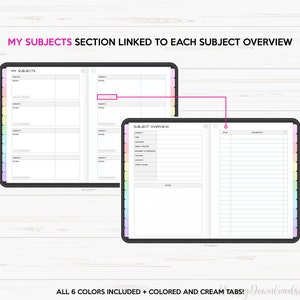 May include: A black and white planner with a section labeled "My Subjects" and another section labeled "Subject Overview". The planner has colorful tabs on the side.