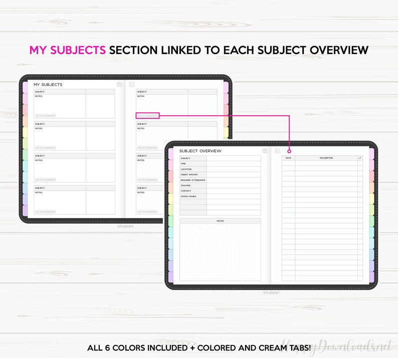 May include: A black and white planner with a section labeled "My Subjects" and another section labeled "Subject Overview". The planner has colorful tabs on the side.
