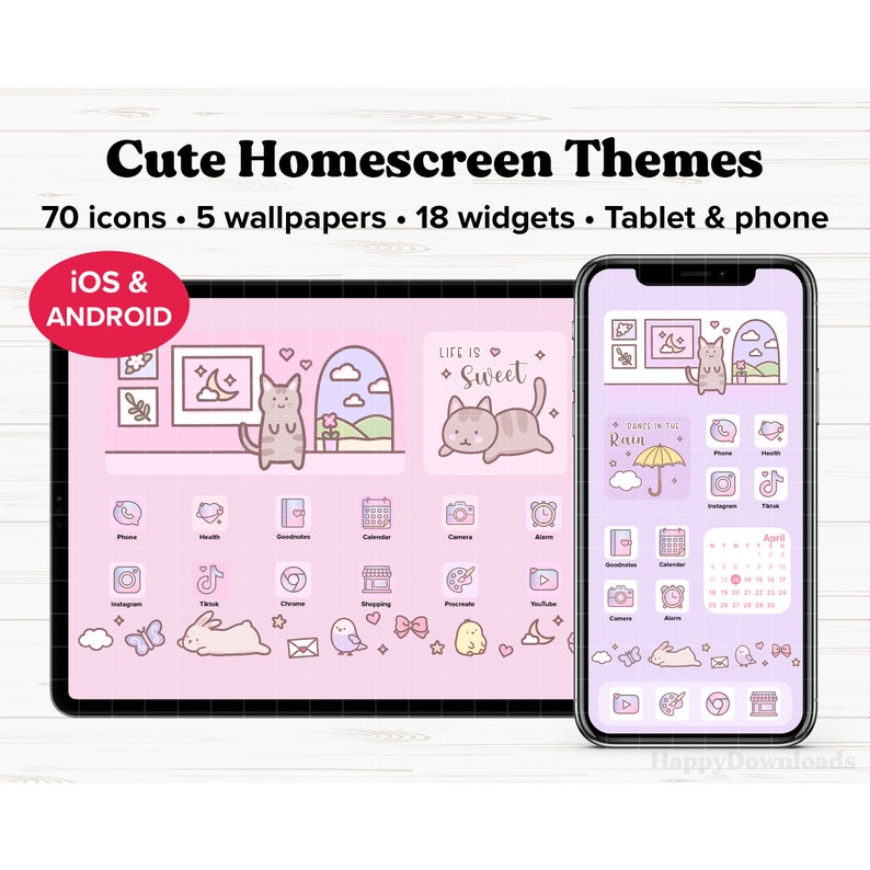May include: A digital illustration of a pink and purple phone screen with a cat and a rain cloud design. The screen shows 70 icons, 5 wallpapers, and 18 widgets. The text "LIFE IS Sweet" and "DANCE IN THE Rain" are also visible on the screen.