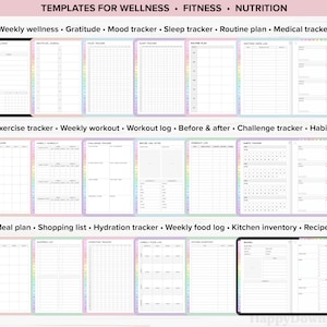May include: A digital planner with colorful rainbow borders and pages for tracking wellness, fitness, and nutrition. The planner includes sections for weekly wellness, gratitude, mood tracker, sleep tracker, routine plan, medical tracker, exercise tracker, weekly workout, workout log, before and after, challenge tracker, habits, meal plan, shopping list, hydration tracker, weekly food log, kitchen inventory, and recipes.
