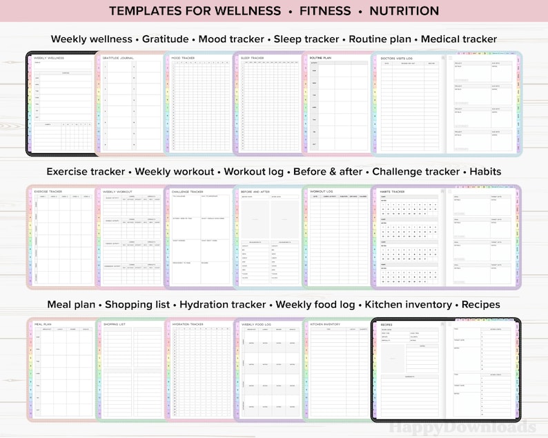 May include: A digital planner with colorful rainbow borders and pages for tracking wellness, fitness, and nutrition. The planner includes sections for weekly wellness, gratitude, mood tracker, sleep tracker, routine plan, medical tracker, exercise tracker, weekly workout, workout log, before and after, challenge tracker, habits, meal plan, shopping list, hydration tracker, weekly food log, kitchen inventory, and recipes.