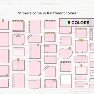 May include: A set of 30 pink printable planner stickers with different designs, including polka dots, grid, lines, and hearts. The stickers come in 8 different colors. The text "Stickers come in 8 different colors" and "8 COLORS" is included in the image.
