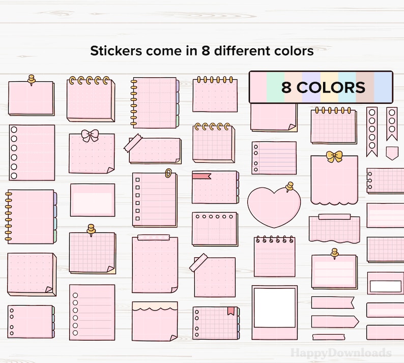 May include: A set of 30 pink printable planner stickers with different designs, including polka dots, grid, lines, and hearts. The stickers come in 8 different colors. The text "Stickers come in 8 different colors" and "8 COLORS" is included in the image.