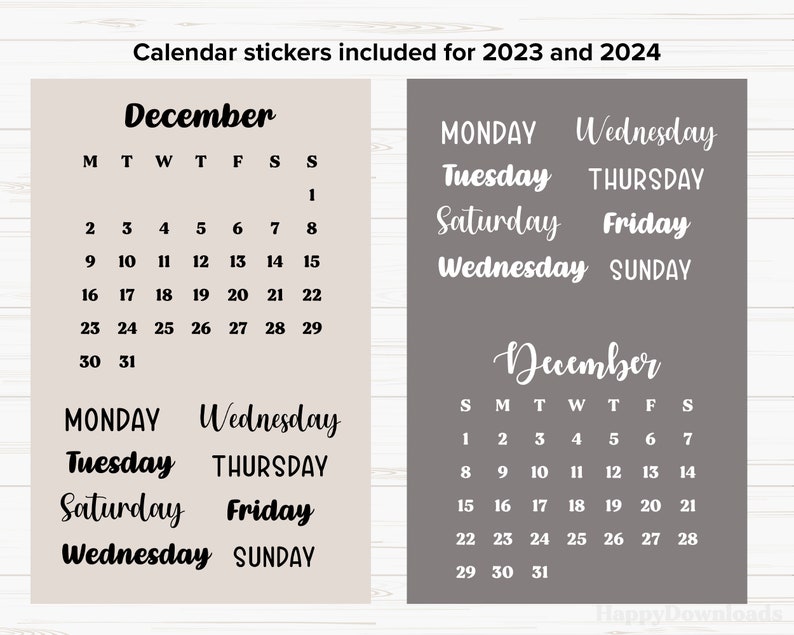K&ouml;nnte beinhalten: Zwei S&auml;tze Dezember-Kalendersticker. Der erste Satz ist auf beigefarbenem Hintergrund mit schwarzem Text. Der zweite Satz ist auf grauem Hintergrund mit wei&szlig;em Text. Beide S&auml;tze enthalten die Wochentage und die Zahlen 1 bis 31.