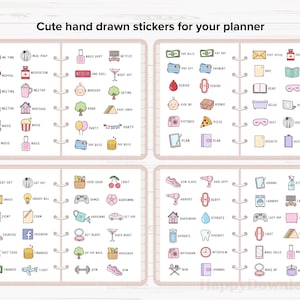 May include: A set of 80 hand-drawn planner stickers with various activities and events. The stickers are in a cute cartoon style and feature a variety of colors, including pink, blue, green, and yellow.