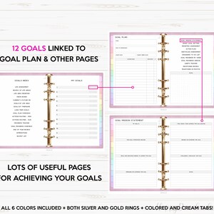 May include: A pink and white goal planner with gold rings. The planner has 12 sections for goals, a goal plan, a goal mission statement, and other useful pages for achieving goals. The planner includes 6 colors and both silver and gold rings.