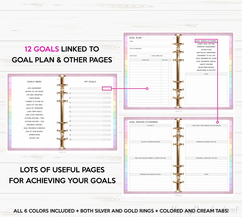 May include: A pink and white goal planner with gold rings. The planner has 12 sections for goals, a goal plan, a goal mission statement, and other useful pages for achieving goals. The planner includes 6 colors and both silver and gold rings.