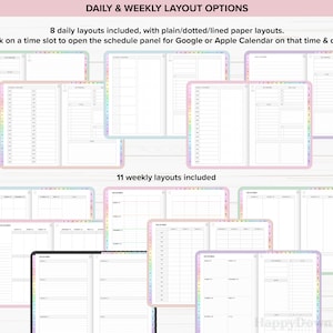 May include: A digital planner with 8 daily and 11 weekly layouts. The layouts are in a variety of colors, including pink, blue, green, and yellow. The planner is designed to be used with Google or Apple Calendar.