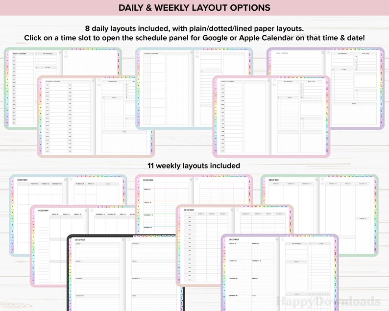 May include: A digital planner with 8 daily and 11 weekly layouts. The layouts are in a variety of colors, including pink, blue, green, and yellow. The planner is designed to be used with Google or Apple Calendar.