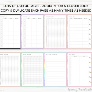 May include: Printable planner pages with pastel colored borders. The pages include sections for routine planning, mood tracking, mood logging, period tracking, sleep tracking, self-care checklists, and meal planning.