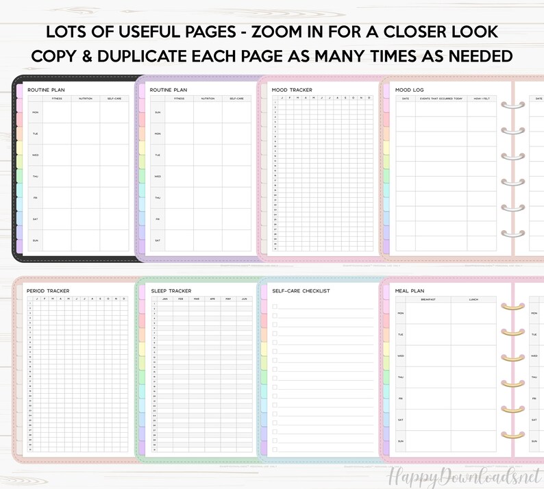 May include: Printable planner pages with pastel colored borders. The pages include sections for routine planning, mood tracking, mood logging, period tracking, sleep tracking, self-care checklists, and meal planning.