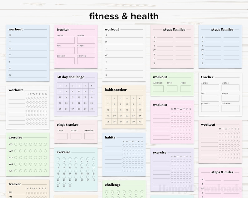 May include: A set of printable fitness and health trackers. The trackers are designed to help you track your workouts, steps, calories, and other fitness goals. The trackers are available in a variety of colors and designs.