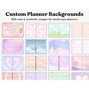 Puede incluir: Una colección de 500 fondos de planificador lindos y estéticos. Las imágenes presentan colores pastel, nubes, estrellas, arcoíris y otros diseños caprichosos.  Custom Planner Backgrounds. 500 imágenes lindas y estéticas para planificadores de paisajes.