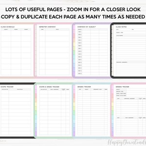 May include: Printable planner pages with a rainbow color scheme. The pages include sections for class schedule, semester overview, overview by subject, class notes, exams tracker, and grades tracker.