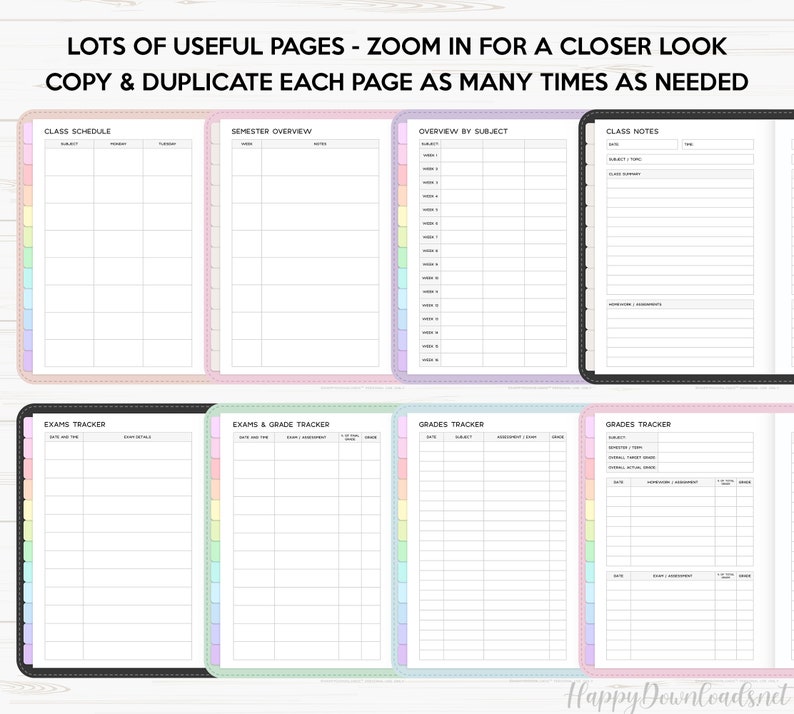 May include: Printable planner pages with a rainbow color scheme. The pages include sections for class schedule, semester overview, overview by subject, class notes, exams tracker, and grades tracker.