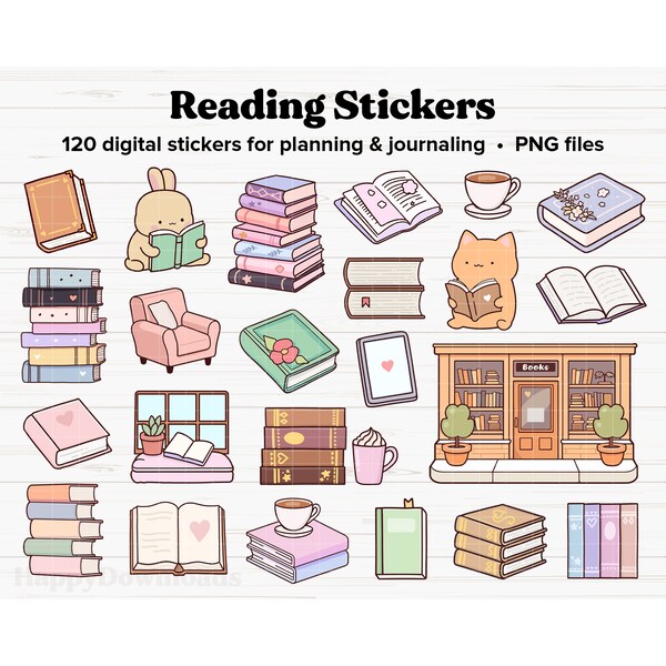 Reading Stickers Digital, Cute Stickers, Book Stickers, Digital Stickers, Goodnotes Stickers, Bookish Stickers, Digital Planner Stickers