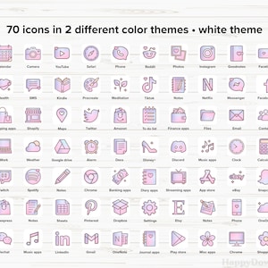 May include: A set of 70 pink and white icons representing popular apps and websites. The icons are arranged in a grid on a white wooden background. The icons are outlined in black and have a gradient fill.