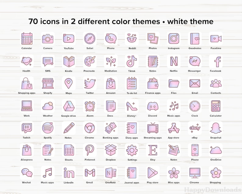 May include: A set of 70 pink and white icons representing popular apps and websites. The icons are arranged in a grid on a white wooden background. The icons are outlined in black and have a gradient fill.