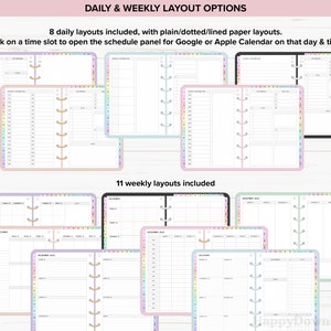 May include: A digital planner with 8 daily and 11 weekly layouts. The layouts are in different colors and have different styles of lines, including plain, dotted, and lined. The planner is designed to be used with Google or Apple Calendar.