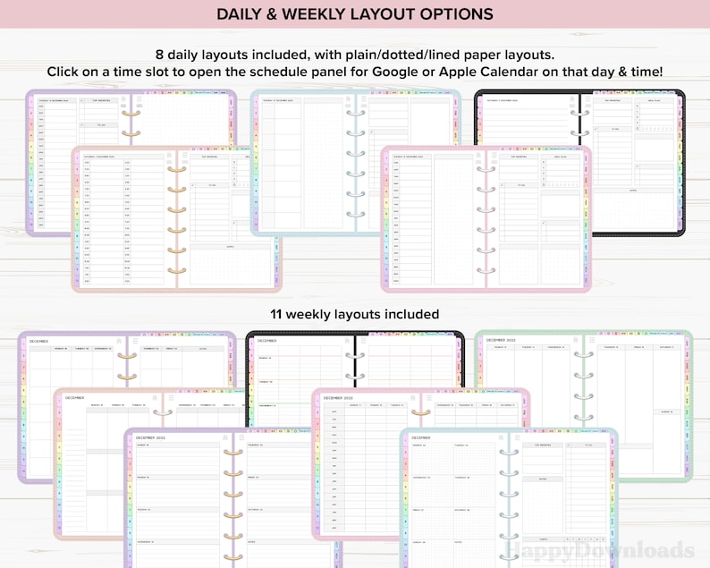 May include: A digital planner with 8 daily and 11 weekly layouts. The layouts are in different colors and have different styles of lines, including plain, dotted, and lined. The planner is designed to be used with Google or Apple Calendar.