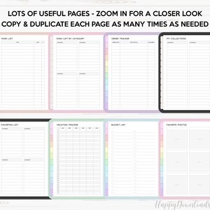 May include: A printable set of planner pages with a rainbow color scheme. The pages include wish lists, order trackers, vacation trackers, bucket lists, and favorite photos.