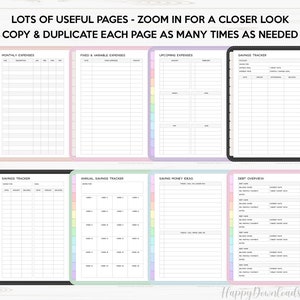 Puede incluir: Un conjunto de p&aacute;ginas de planificador de presupuesto imprimibles con bordes de colores. Las p&aacute;ginas incluyen secciones para gastos mensuales, gastos fijos y variables, gastos pr&oacute;ximos, seguimiento de ahorros, seguimiento anual de ahorros, ideas para ahorrar dinero y resumen de deudas.