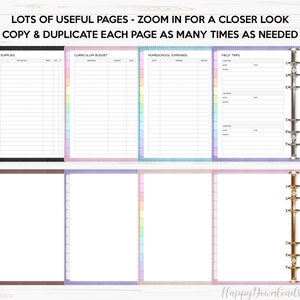 May include: A set of printable pages for homeschooling, including sections for supplies, curriculum budget, homeschool expenses, and field trips. The pages are designed with a colorful, pastel theme and are ready to be printed and used in a binder.