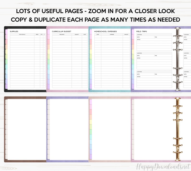 May include: A set of printable pages for homeschooling, including sections for supplies, curriculum budget, homeschool expenses, and field trips. The pages are designed with a colorful, pastel theme and are ready to be printed and used in a binder.