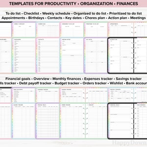 May include: A set of printable planner pages with rainbow colored borders. The pages are designed for productivity, organization, and finances. The pages include sections for to-do lists, checklists, weekly schedules, appointments, birthdays, contacts, key dates, chores plans, action plans, meetings, financial goals, overview, monthly finances, expenses tracker, savings tracker, bills tracker, debt payoff tracker, budget tracker, orders tracker, wishlist, and bank accounts.