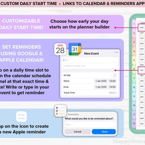 May include: A customizable daily planner with a pink and purple background. The planner includes a section for setting reminders using Google and Apple Calendar. The planner also includes a section for creating new events with a calendar and a reminder feature. The planner is designed to help users stay organized and on track.