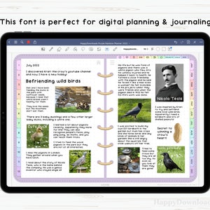 May include: A purple and white digital planner with a monthly calendar and a page about befriending wild birds. The page includes illustrations of ducks, pigeons, and crows. The text on the page reads "Befriending wild birds" and "Secret to winning a crow's heart!"
