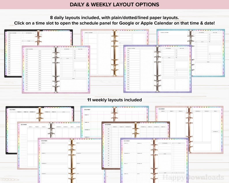 K&ouml;nnte beinhalten: Ein digitaler Planer mit 8 Tages- und 11 Wochenlayouts. Die Layouts sind in verschiedenen Farben gehalten und haben unterschiedliche Papierstile, darunter schlicht, gepunktet und liniert. Der Planer ist f&uuml;r die Verwendung mit Google oder Apple Calendar konzipiert.
