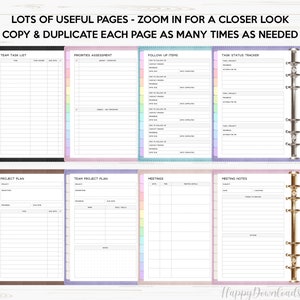 May include: A set of printable planner pages with colorful borders. The pages include sections for team task lists, priorities assessment, follow up items, task status tracker, project plans, meetings, and meeting notes.