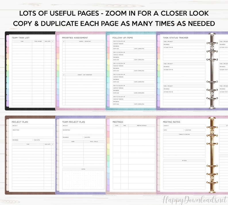 May include: A set of printable planner pages with colorful borders. The pages include sections for team task lists, priorities assessment, follow up items, task status tracker, project plans, meetings, and meeting notes.