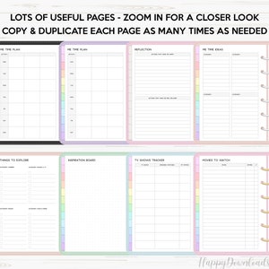 May include: A set of printable planner pages with pastel colors and a variety of categories, including "Me Time Plan", "Reflection", "Things to Explore", "Inspiration Board", "TV Shows Tracker", and "Movies to Watch".