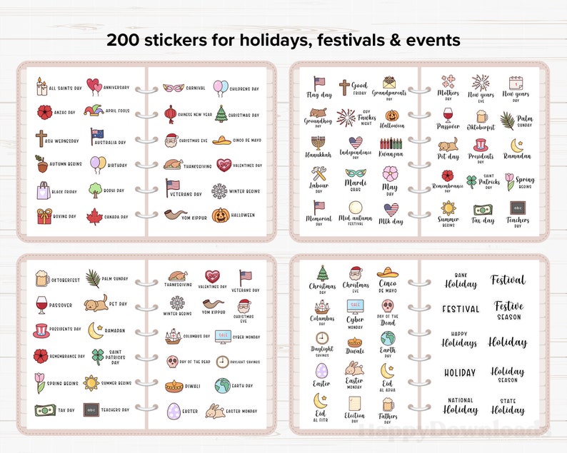 Peut inclure: Un ensemble de 200 autocollants illustrant des f&ecirc;tes, des festivals et des &eacute;v&eacute;nements. Les autocollants sont organis&eacute;s en quatre sections, chacune avec un th&egrave;me diff&eacute;rent. Les autocollants sont color&eacute;s et pr&eacute;sentent une vari&eacute;t&eacute; de motifs, notamment des drapeaux, des c&oelig;urs, des &eacute;toiles et d'autres symboles festifs.