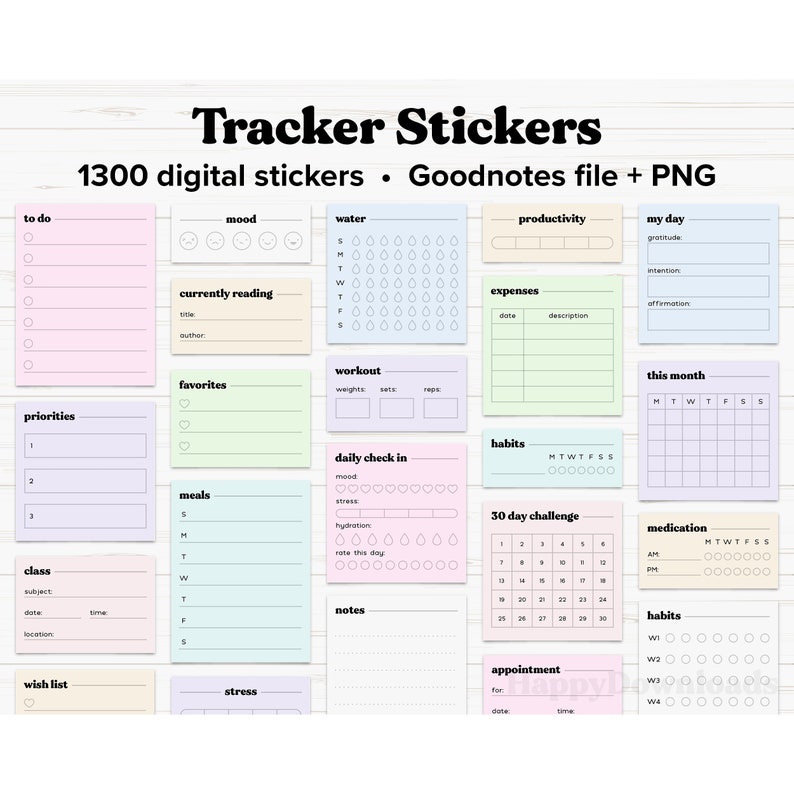 May include: A set of 1300 digital stickers for Goodnotes, featuring a variety of colorful trackers and checklists. The stickers include sections for to do lists, priorities, mood, water intake, productivity, expenses, workouts, favorites, daily check-in, meals, class, wish list, stress, notes, habits, 30-day challenge, this month, medication, and appointments.