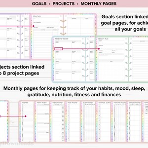 May include: A planner with a rainbow design. The planner has sections for goals, projects, and monthly pages. The monthly pages include sections for tracking habits, mood, sleep, gratitude, nutrition, fitness, and finances.